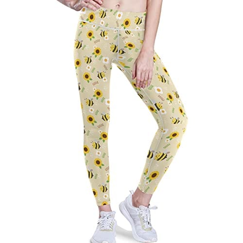 visesunny High Waist Yoga Pants with Pockets Bee Sunflower White Flower Leaf Tummy Control Workout Running Yoga Leggings for Women