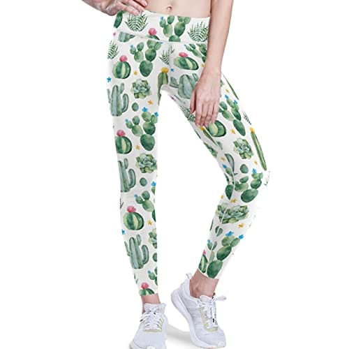 visesunny High Waist Yoga Pants with Pockets Green Watercolor Cactus Succulents and Multicolored Flower Buttery Soft Tummy Control Running Workout Pants 4 Way Stretch Pocket Leggings