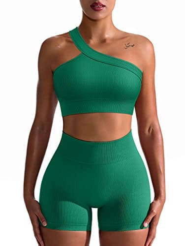 OQQ Workout Outfits for Women 2 Piece Seamless Ribbed High Waist Leggings with Sports Bra Exercise Set Green5