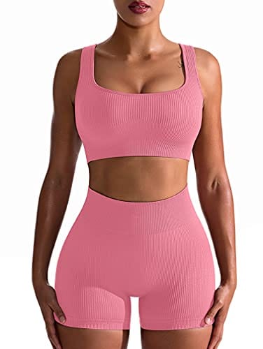 OQQ Workout Outfits for Women 2 Piece Seamless Ribbed High Waist Leggings with Sports Bra Exercise Set Peachred