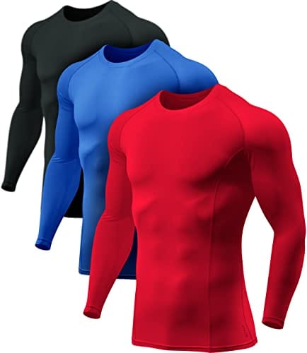 ATHLIO Men's UPF 50+ Long Sleeve Compression Shirts, Water Sports Rash Guard Base Layer, Athletic Workout Shirt, 3pack Black/Blue/Red, Medium