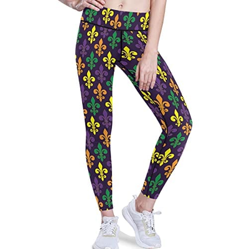 visesunny High Waist Yoga Pants with Pockets Mardi Gras with French Lily Tummy Control Workout Running Yoga Leggings for Women