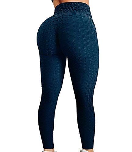 FITTOO Women's High Waisted Textured Honeycomb Ruched Butt Scrunched Booty Leggings Workout Running Lift Textured Tights Navy