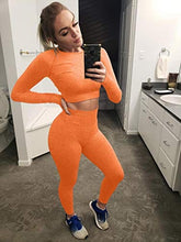 Load image into Gallery viewer, OYS Women&#39;s 2 Piece Tracksuit Workout Outfits Seamless High Waist Leggings Sports Long Sleeve Gym Sets Orange
