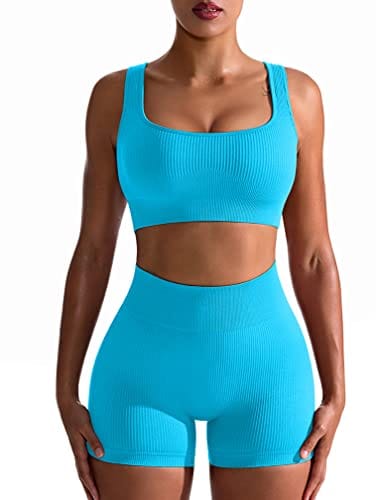OQQ Workout Outfits for Women 2 Piece Seamless Ribbed High Waist Leggings with Sports Bra Exercise Set Brightblue
