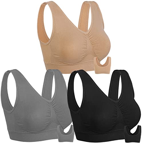 Onory 3 Pack Sports Bras for Women Wirefree Padded Workout Yoga Gym Fitness Bra Medium Support (Black+Grey+Nude, XX-Large)