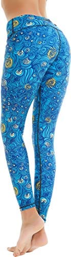 COOLOMG Women's Yoga Running Pants Printed Compression Leggings Workout Tights Hidden Pocket Waves Small
