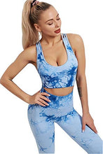 Load image into Gallery viewer, YuMENo Women&#39;s Tie Dye Workout Sets 2 Pieces Seamless High Waist Yoga Leggings with Sports Bra Gym Outfit Clothes Blue
