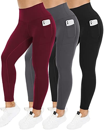 LZYVOO 3 Pack Leggings with Pockets for Women,High Waisted Workout Tummy Control Yoga Pants Black/Dgray/Bur