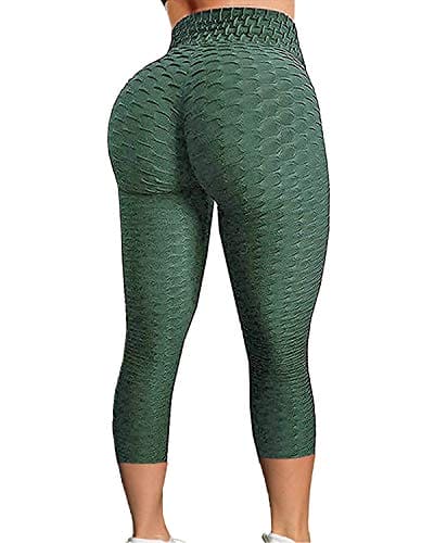 FITTOO Women's High Waist Textured Yoga Pants Tummy Control Scrunched Booty Capri Leggings Workout Running Butt Lift Textured Tights Peacock Green
