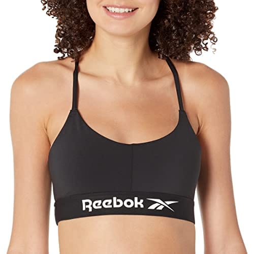 Reebok Women's Standard Tri Sports Bra, Light Support, Night Black/White Logo/Cross Back, 30A