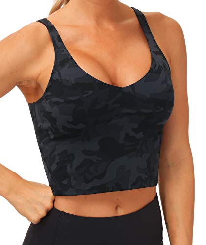 THE GYM PEOPLE Womens Camo Longline Sports Bra Wirefree Padded Medium Support Yoga Bras Gym Running Workout Tank Tops (BlackGrey Camo, Small)