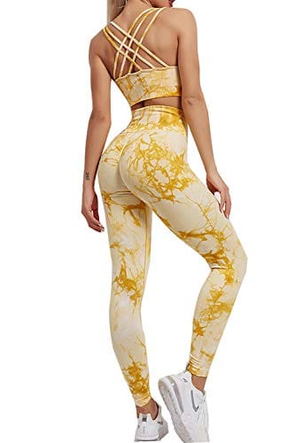 Womens Yoga Outfits 2 Piece Set Tie Dye Workout Athletic Print Pants and Sports Bra Set Gym Lightweight Activewear Yellow