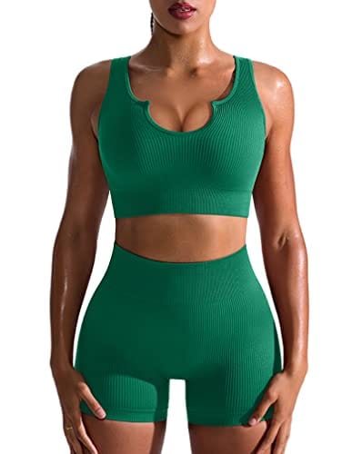OQQ Workout Outfits for Women 2 Piece Seamless Ribbed High Waist Leggings with Sports Bra Exercise Set Green1