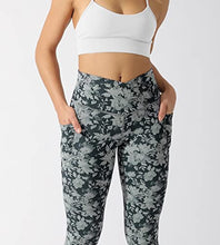 Load image into Gallery viewer, ODODOS Women&#39;s Cross Waist Yoga Leggings with Pockets, No See-Through Workout Running Pants-Inseam 28&quot;, Floral Charcoal, Small
