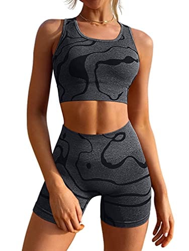 GXIN Women's Workout 2 Piece Outfits High Waist Running Shorts Seamless Gym Yoga Sports Bra Grey