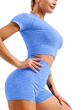 Load image into Gallery viewer, HYZ Yoga 2 Piece Outfits Workout Running Crop Top Seamless High Waist Shorts Sets Blue
