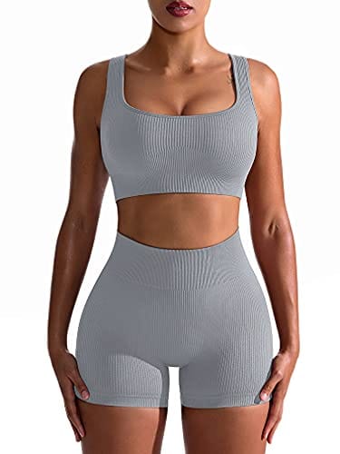 OQQ Workout Outfits for Women 2 Piece Seamless Ribbed High Waist Leggings with Sports Bra Exercise Set Silver Grey