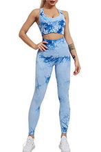 Load image into Gallery viewer, YuMENo Women&#39;s Tie Dye Workout Sets 2 Pieces Seamless High Waist Yoga Leggings with Sports Bra Gym Outfit Clothes Blue
