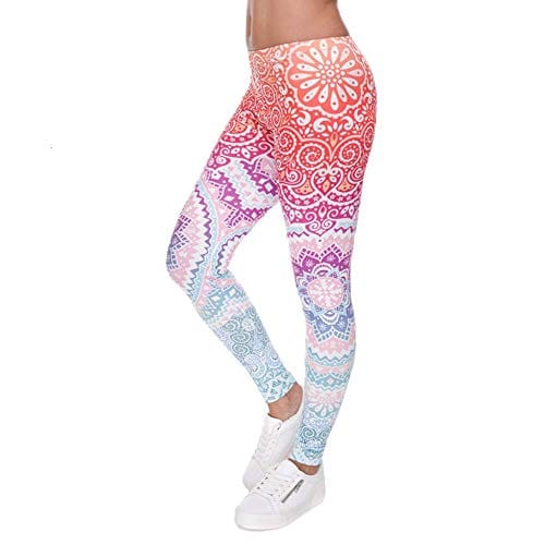 Middle Waisted Seamless Workout Leggings - Women’s Mandala Printed Yoga Leggings Tummy Control Running Pants (Red, One Size)