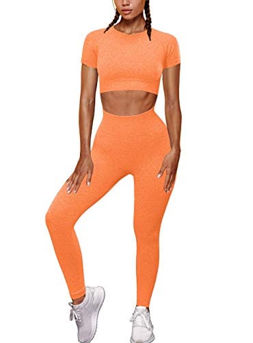 OYS Womens Yoga 2 Pieces Workout Outfits Seamless High Waist Leggings Sports Crop Top Running Sets Orange