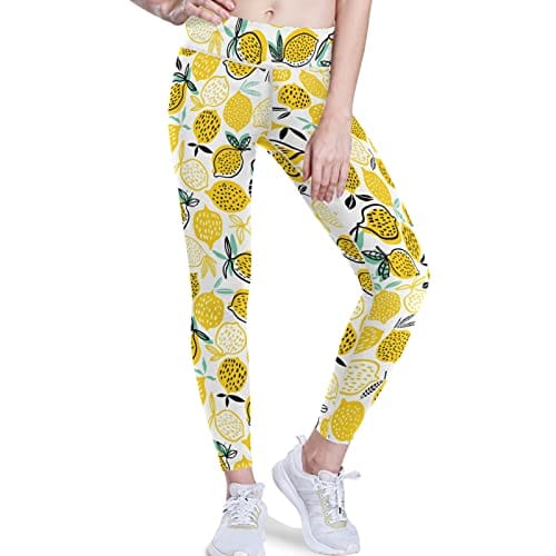 visesunny High Waist Yoga Pants with Pockets Summer Lemon with Dot Buttery Soft Tummy Control Running Workout Pants 4 Way Stretch Pocket Leggings