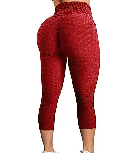 FITTOO Women's High Waist Textured Yoga Pants Tummy Control Scrunched Booty Capri Leggings Workout Running Butt Lift Textured Tights Red