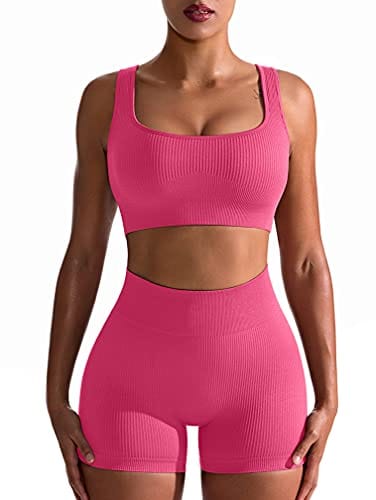 OQQ Workout Outfits for Women 2 Piece Seamless Ribbed High Waist Leggings with Sports Bra Exercise Set Coral