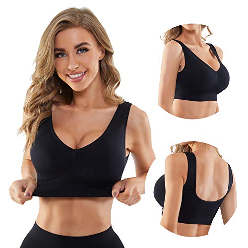 Women's 3-Pack Seamless Wire-Free Bra Low-Impact Sport Bra Yoga Sleep Daily Bras with Removable Pads(3 Black,L)