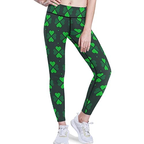 visesunny High Waist Yoga Pants with Pockets Green Clover Dot Print Buttery Soft Tummy Control Running Workout Pants 4 Way Stretch Pocket Leggings