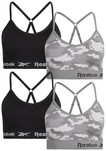 Reebok Women's Bra – Seamless Performance Cami Bralette (4 Pack), Size Medium, Grey/Camo/Black