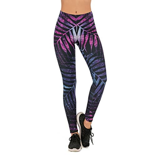 Black Leaf Seamless Workout Leggings - Women’s 3D Printed Purple Yoga Leggings, Tummy Control Running Pants (Purple, Medium)