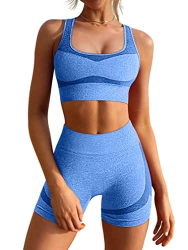 GXIN Women's Workout 2 Piece Outfits High Waist Running Shorts Yoga Sports Racerback Bra Sets Blue