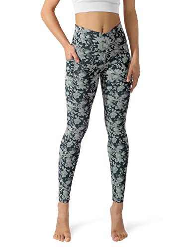 ODODOS Women's Cross Waist Yoga Leggings with Pockets, No See-Through Workout Running Pants-Inseam 28