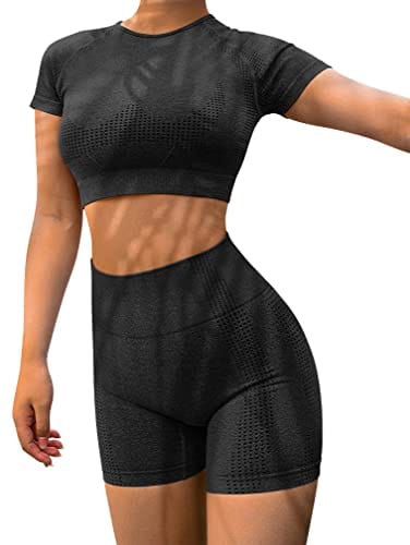 HYZ Women's High Waist Seamless Bodycon 2 Piece Outfits Yoga Workout Basic Crop Top with Shorts Black