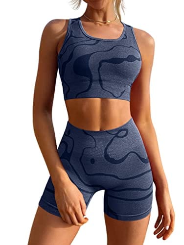 GXIN Women's Workout 2 Piece Outfits High Waist Running Shorts Seamless Gym Yoga Sports Bra Navy