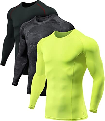 ATHLIO Men's UPF 50+ Long Sleeve Compression Shirts, Water Sports Rash Guard Base Layer, Athletic Workout Shirt, 3pack Utility Camo Black/Black/Neon, Medium