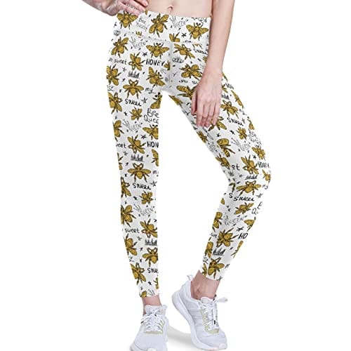 visesunny High Waist Yoga Pants with Pockets Honey Bee Golden Embroidery Queen Crown Tummy Control Workout Running Yoga Leggings for Women