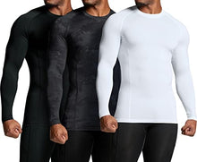 Load image into Gallery viewer, ATHLIO Men&#39;s UPF 50+ Long Sleeve Compression Shirts, Water Sports Rash Guard Base Layer, Athletic Workout Shirt, 3pack Black/Utility Camo Black/White, Medium
