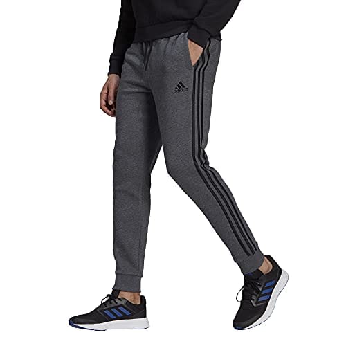 adidas Men's Standard Essentials Fleece Tapered Cuff 3-Stripes Pants, Dark Grey Heather/Black, X-Small