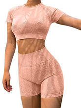 Load image into Gallery viewer, HYZ Women&#39;s High Waist Seamless Bodycon 2 Piece Outfits Yoga Workout Basic Crop Top with Shorts Pink
