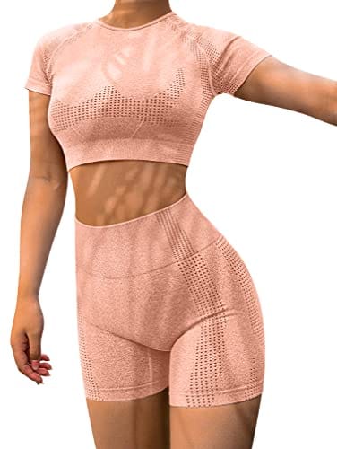 HYZ Women's High Waist Seamless Bodycon 2 Piece Outfits Yoga Workout Basic Crop Top with Shorts Pink