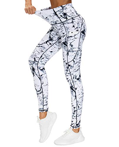 THE GYM PEOPLE Thick High Waist Yoga Pants with Pockets, Tummy Control Workout Running Yoga Leggings for Women (Medium, Marble)
