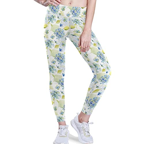 visesunny High Waist Yoga Pants with Pockets Blue Flower Pattern Buttery Soft Tummy Control Running Workout Pants 4 Way Stretch Pocket Leggings