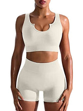 Load image into Gallery viewer, OQQ Workout Outfits for Women 2 Piece Seamless Ribbed High Waist Leggings with Sports Bra Exercise Set Beige1
