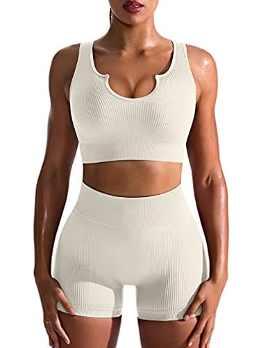 OQQ Workout Outfits for Women 2 Piece Seamless Ribbed High Waist Leggings with Sports Bra Exercise Set Beige1