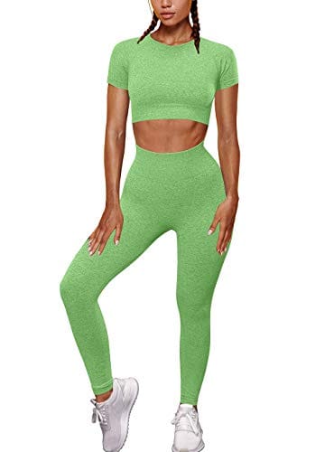 OYS Womens Yoga 2 Pieces Workout Outfits Seamless High Waist Leggings Sports Crop Top Running Sets Light Green