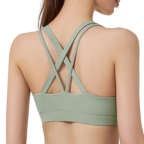 MYSIGHT Strappy Sports Bra for Women,Padded Sports Yoga Bra with Removable Cups Crisscross Back Medium Support(WX2830 Green S)
