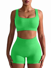 Load image into Gallery viewer, OQQ Workout Outfits for Women 2 Piece Seamless Ribbed High Waist Leggings with Sports Bra Exercise Set Brightgreen
