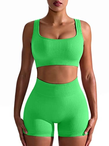 OQQ Workout Outfits for Women 2 Piece Seamless Ribbed High Waist Leggings with Sports Bra Exercise Set Brightgreen